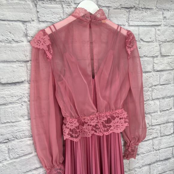 Vintage 70's Mauve Maxi Dress Pleated Skirt Sheer Lace Cardigan Size S/M Union - Picture 5 of 14